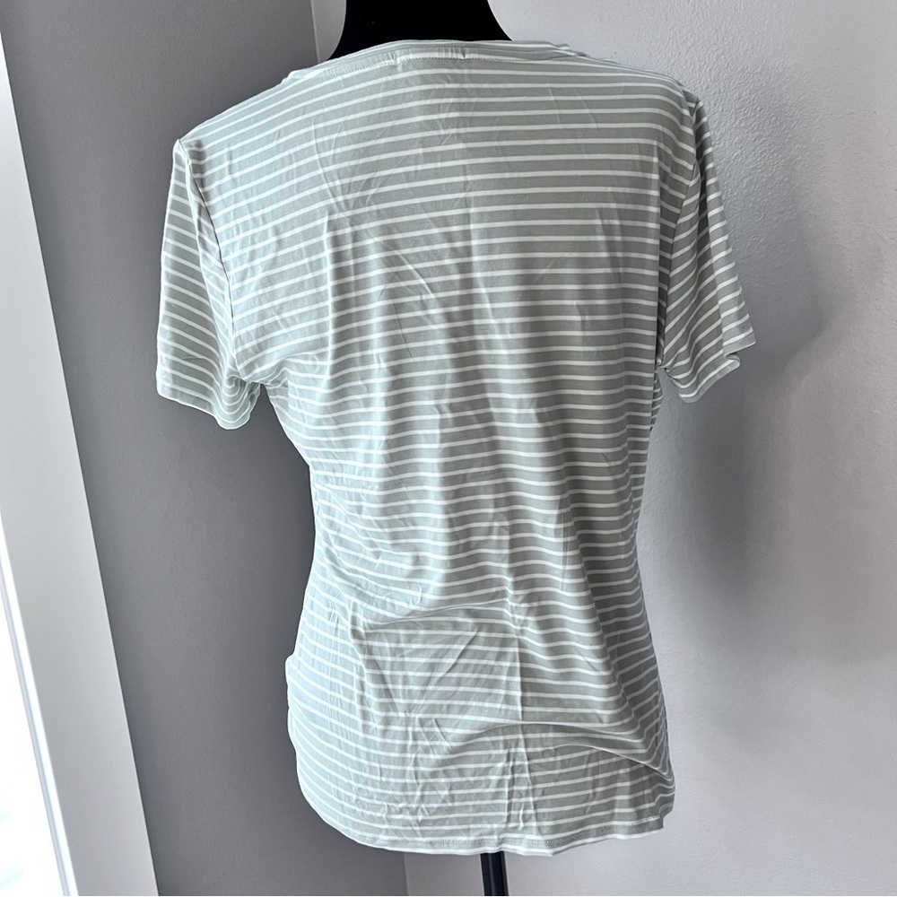 NWT Matty M short sleeve V neck side tie Tshirt light olive and white striped - Picture 3 of 7